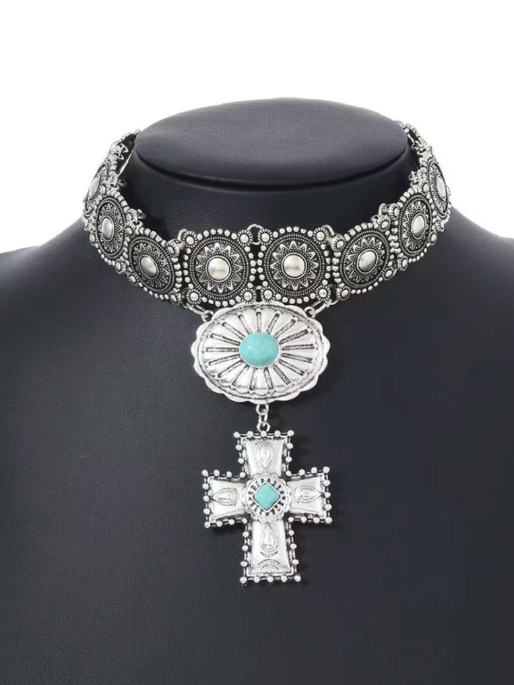 Silver-Tone Choker Necklace with Turquoise Accents - Women Jewelry